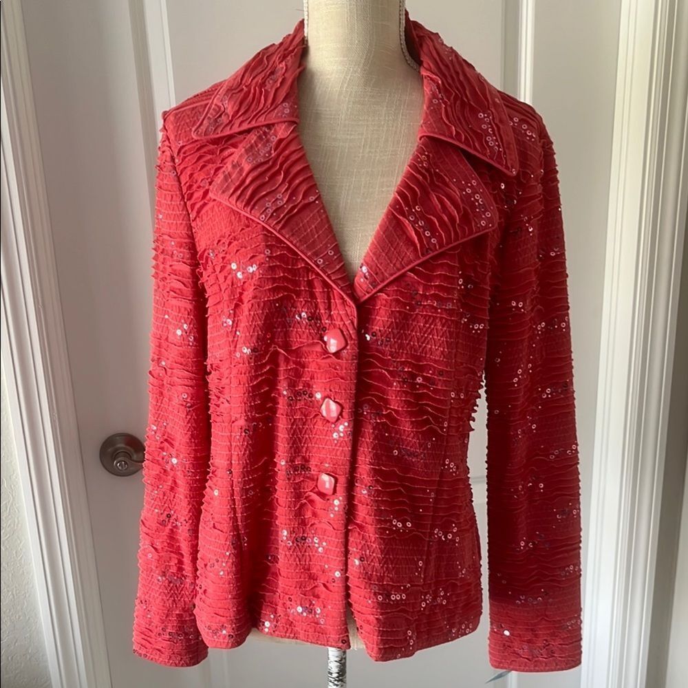 Clara Sun Woo Coral Textured layers Sequined Jacket Square Buttons Sz L